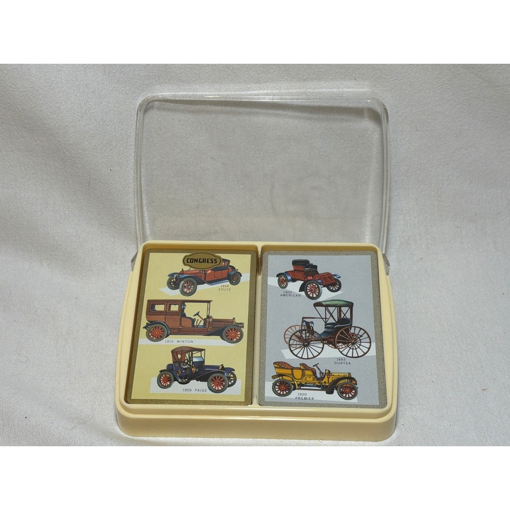 Vintage Congress Playing Cards Double Deck Set Antique Automobile Gold Gilt Case